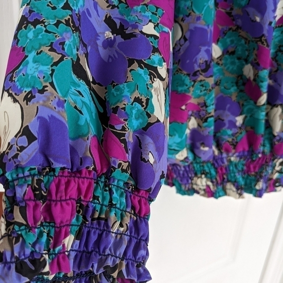 VINTAGE 90s floral blouse turquoise purple button up shirt Medium @L - Picture 3 of 9